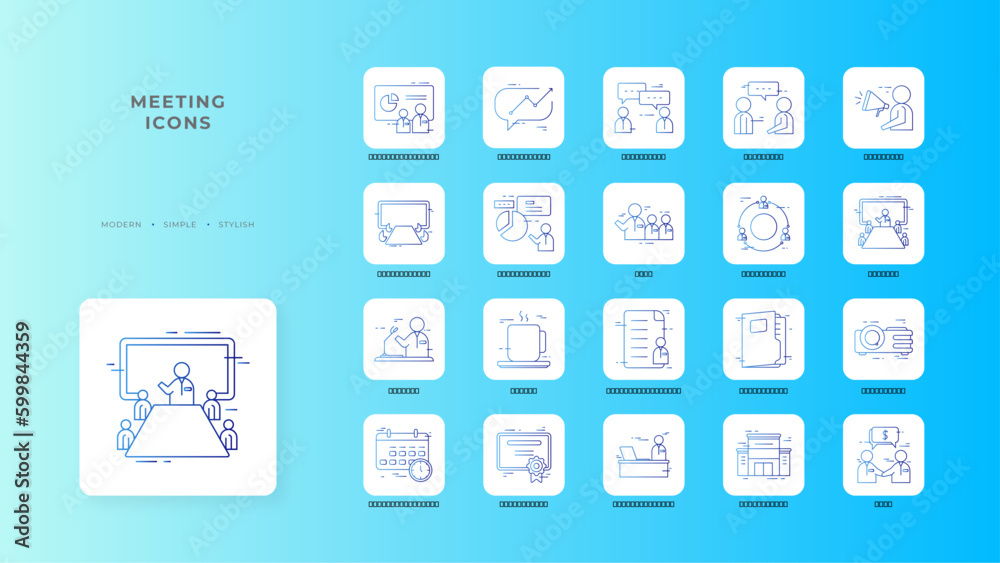 Meeting icon collection with blue gradient outline style. training, video, leadership, chat, member, cooperation, handshake. Vector Illustration