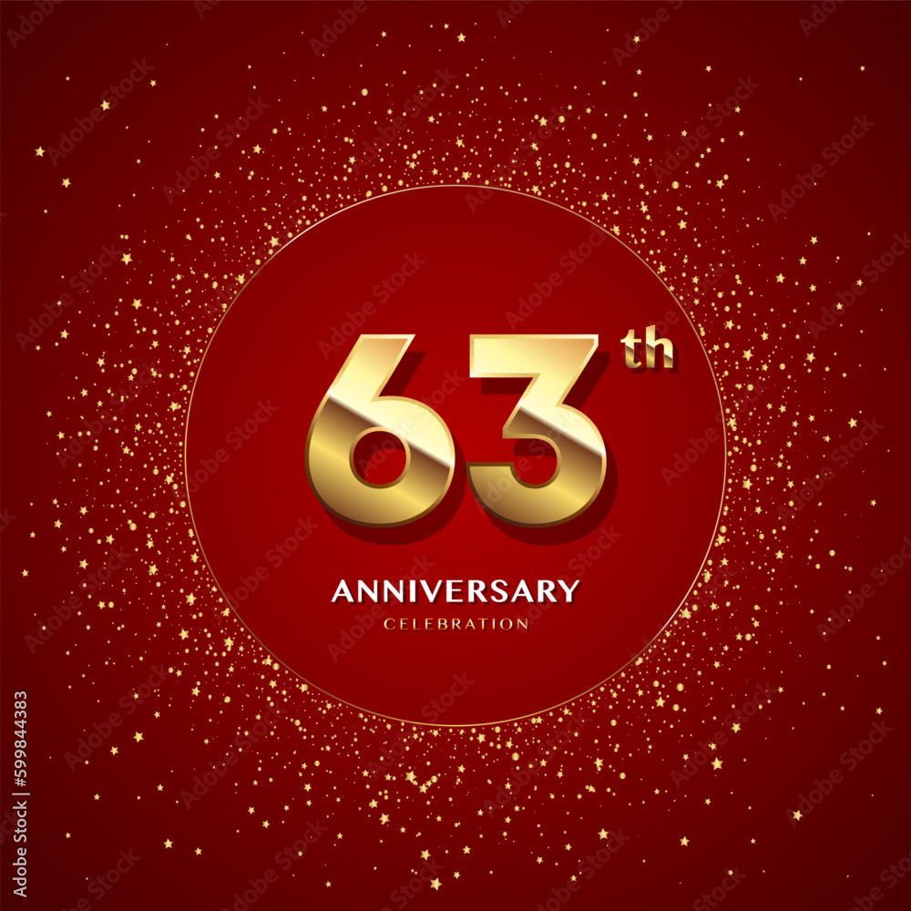 63th anniversary logo with gold numbers and glitter isolated on a red background 63th anniversary logo with gold numbers and glitter isolated on a red background