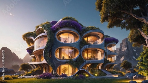 The Hive - Sci-fi futuristic brutalist architecture style building structure with rounded honeycomb pattern and lush vegetation façade - Generative AI Illustration