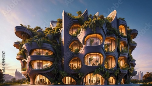 The Hive - Sci-fi futuristic brutalist architecture style building structure with rounded honeycomb pattern and lush vegetation façade - Generative AI Illustration