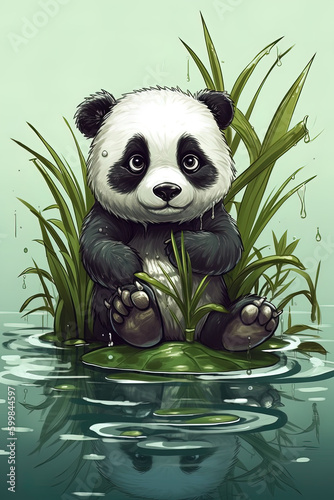 Portrait of a lovely panda bear in a bamboo forest.