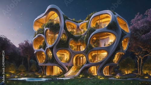 The Hive - Sci-fi futuristic brutalist architecture style building structure with rounded honeycomb pattern and lush vegetation façade - Generative AI Illustration