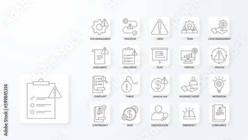 Crisis management icon collection with black outline style. investment, umbrella, process, identify, hazard, secure, team. Vector Illustration