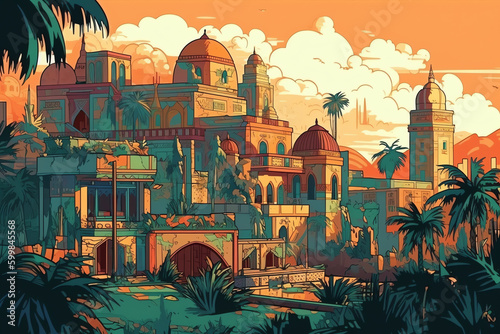 African city with a historic palace pop art. generative AI