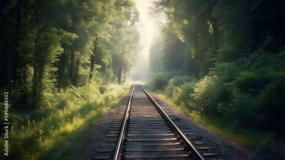 Obraz premium Forest Trees Along a Railroad on a Summer Afternoon, generative AI
