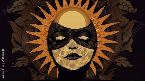 The concept of the symbolism of the planets in Astrology. Metaphor of a solar eclipse. The sun covered his face with a theatrical mask. Generated AI