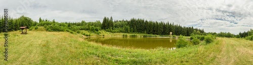 small pond in mountain forest panorama