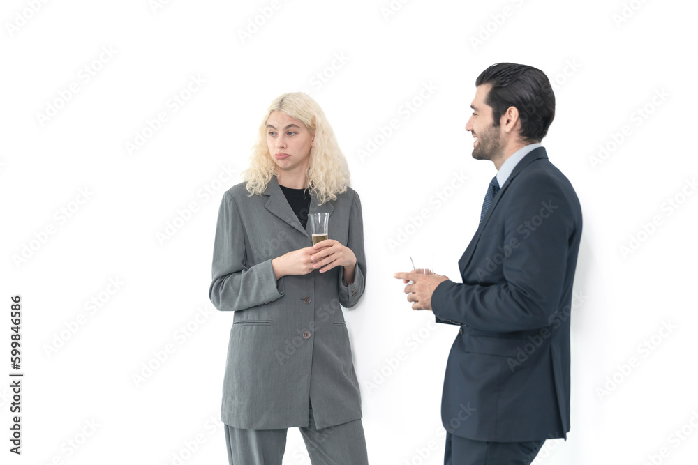 Businessman and businesswoman  wearing suit drinking champagne to celebrate success of investment agreement after meeting, teamwork and partnership concept on white background.
