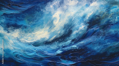 Mixed media painting of blue water waves, abstract background, visible impasto, crisp texture, swirling vortexes, atmospheric, ethereal, generated with AI