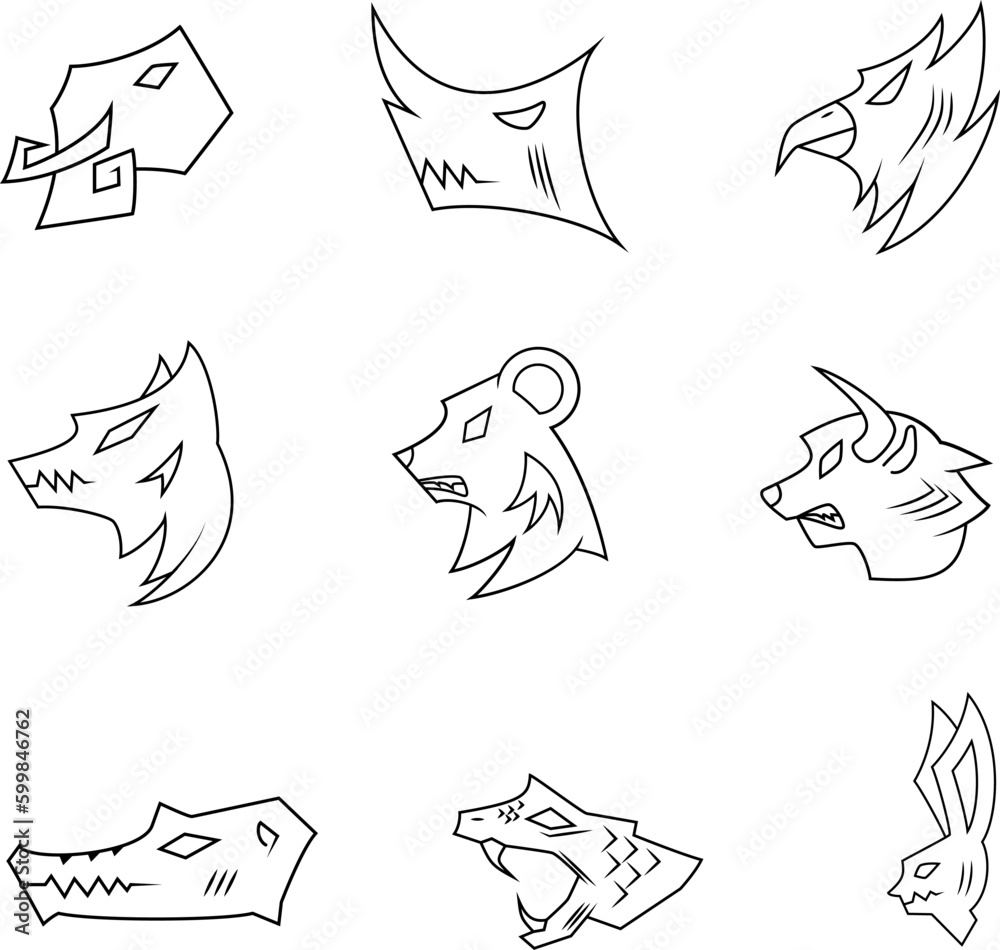 Fototapeta premium nine collection of illustrations of elephant, rabbit, bear, wolf, eagle, rhino, crocodile, bull, snake. line art style. simple, minimal, creative. use for logo, icon, symbol, mascot. PNG background
