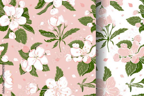 Seamless floral pattern with realistic sakura cherry flowers. Petals elements for romantic banner design, textile, fabric, wrapping, walpaper. Endless background print.