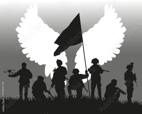 Silhouettes of soldiers under the well-heeled angels. Military guardian angel. Vector graphics.