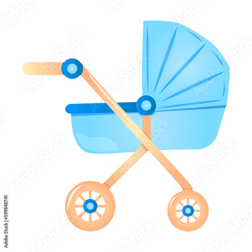 Baby shower blue baby carriage, it's a boy. Gender reveal vector illustrations for invitations, greeting cards, posters