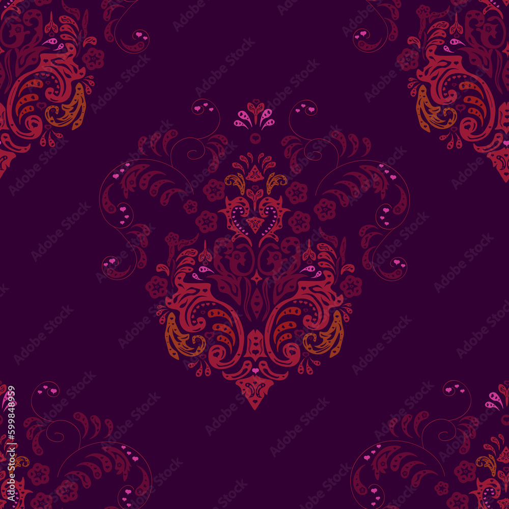 Seamless pattern with interesting doodles on colorfil background.