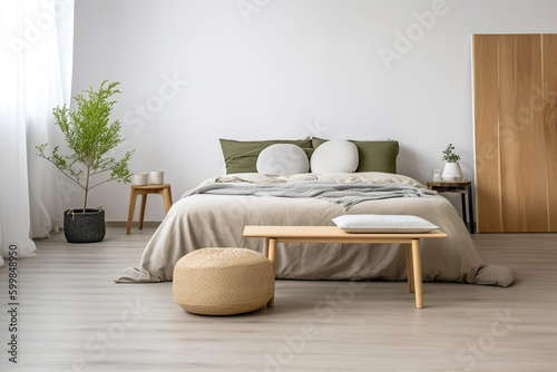 living room interior Empty Minimalist bedroom with a wooden stool and pouf, Generative AI