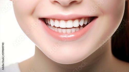 A close up of a girl's mouth with bright white teeth