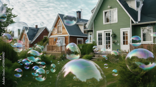 Houses with floating bubbles. Housing bubble concept. Generative ai