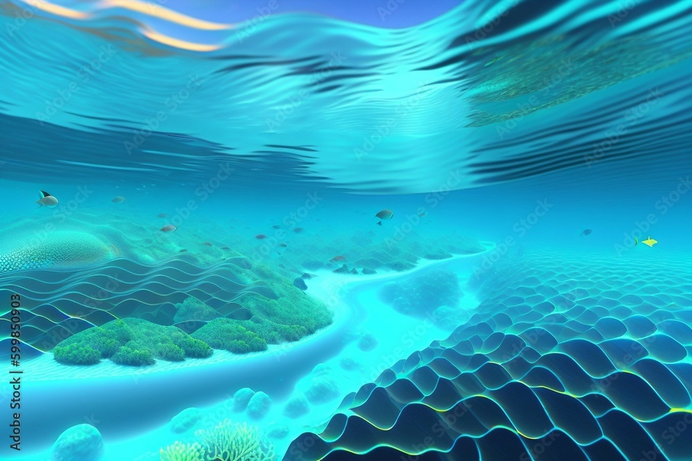 Fototapeta premium Panorama of the ocean and under water. AI generated.