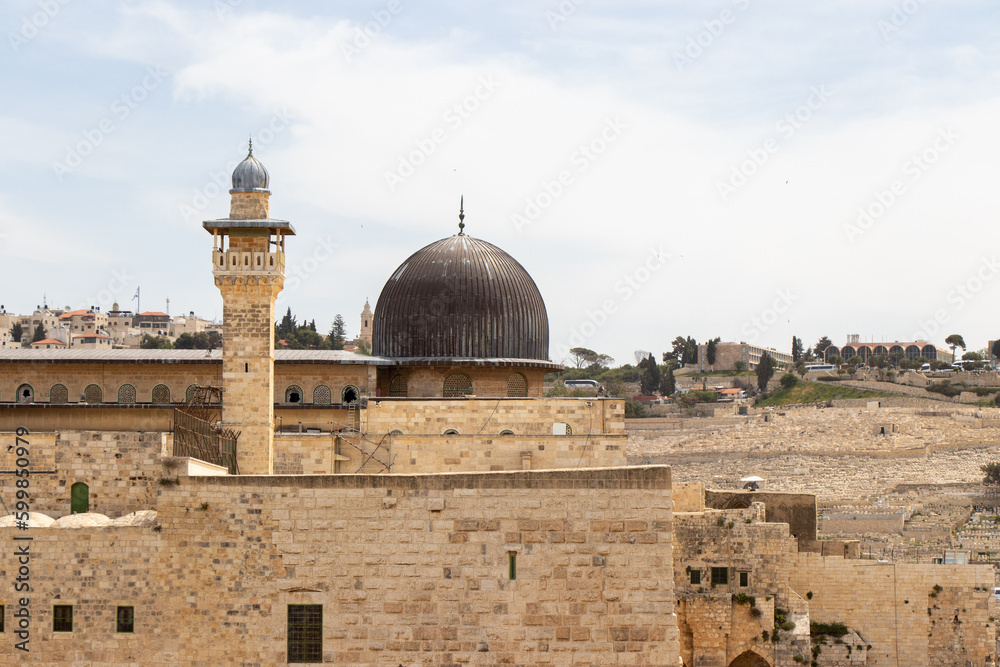 Al-Aqsa Mosque - Temple Mount, Jerusalem. Aqsa Mosque and Maghariba minaret of old city of Jerusalem.
