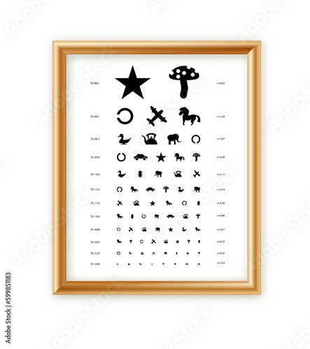 Eyes test charts with latin letters isolated on background. Art design medical poster with sign in golden frame. Concept graphic element for ophthalmic test for visual examination.