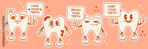 Set stickers of cartoon cute happy teeth.70, 80, retro style.Dental tooth concept, vector image for sticker, print.Vector illustration