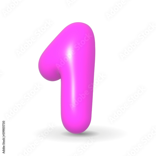 Luxury, lustrous and glistening Fuchsia balloon digit One. 3d realistic design element isolated on white background. For happy birthday, events, sales.