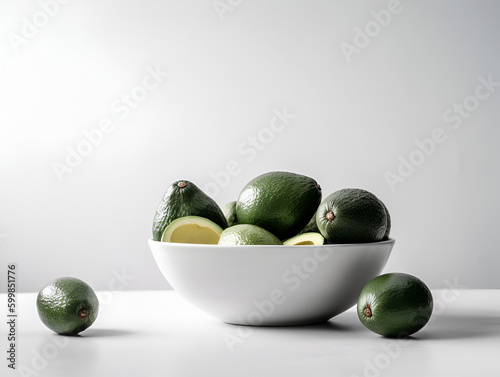 Green avocados in a white bowl, AI generated