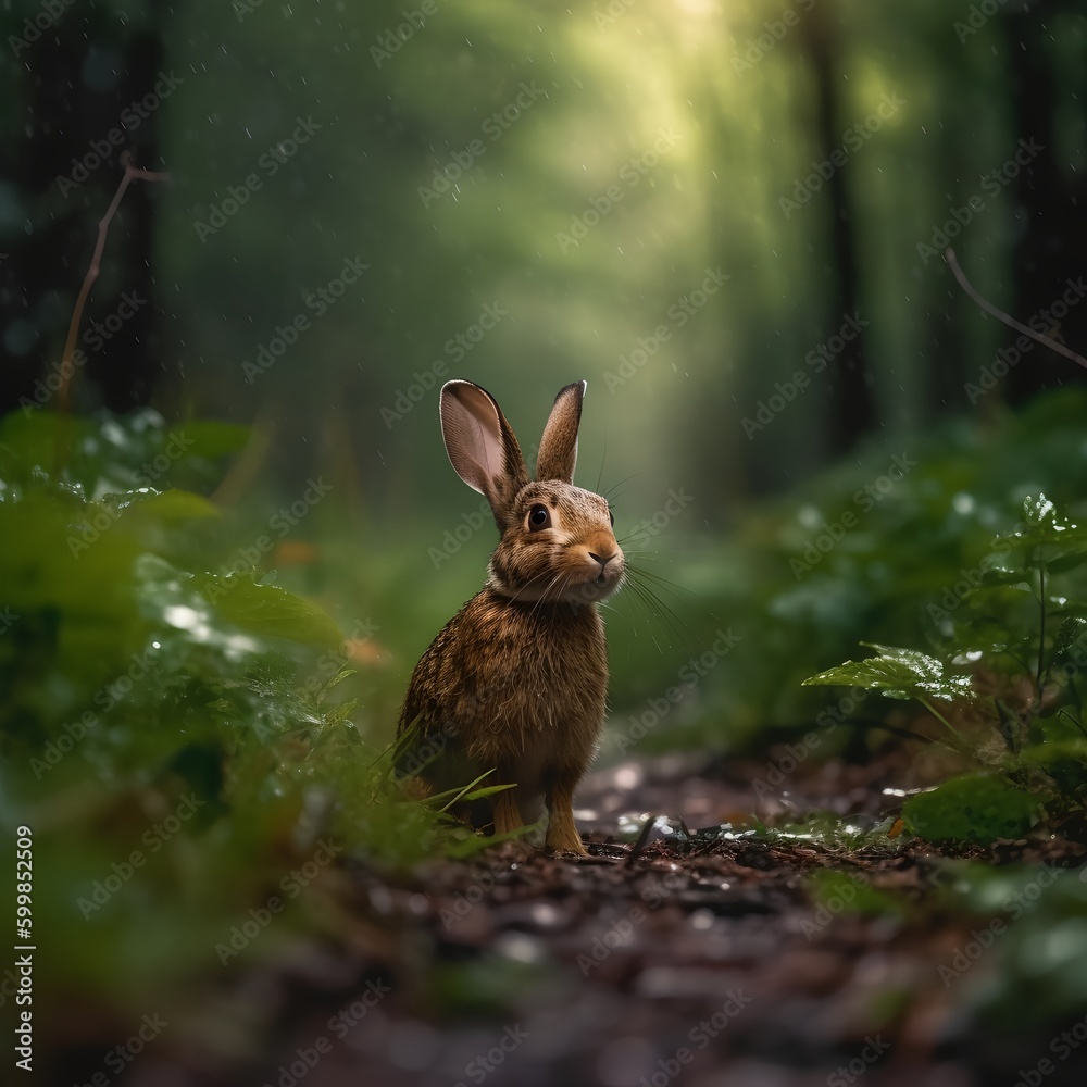 Obraz premium Wild Rabbit in Rain Forest, Image Ai Generated