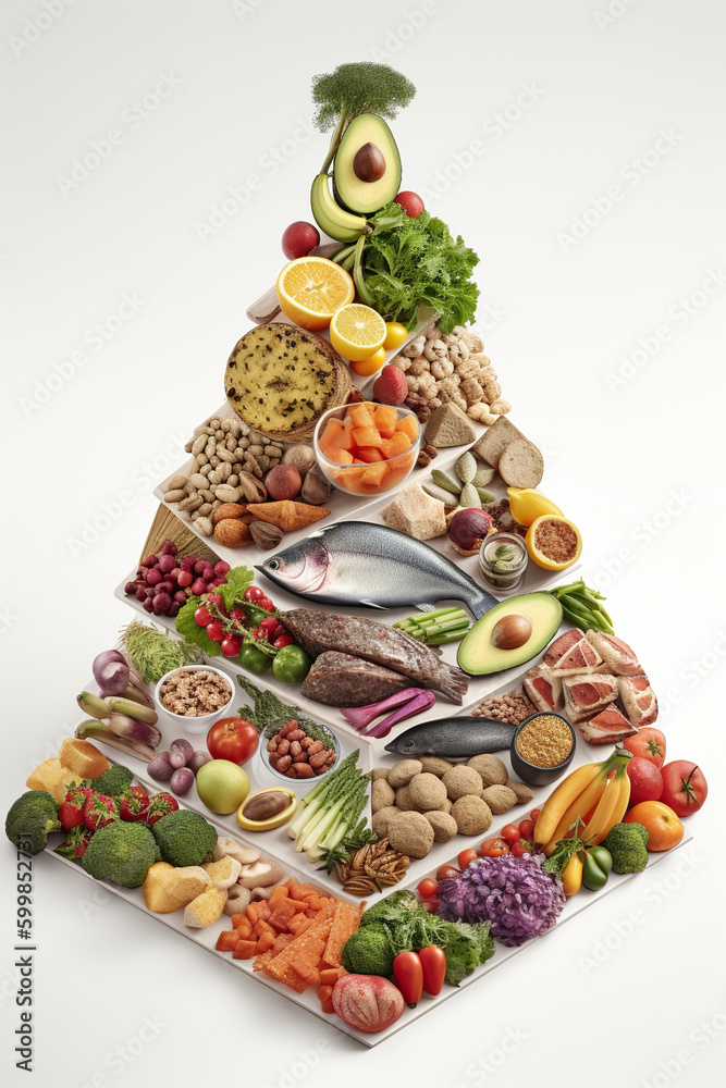Food pyramid represents way of healthy eating on white background, Diet for health with product, balance, meal planning,  mindful eating, AI Generative.