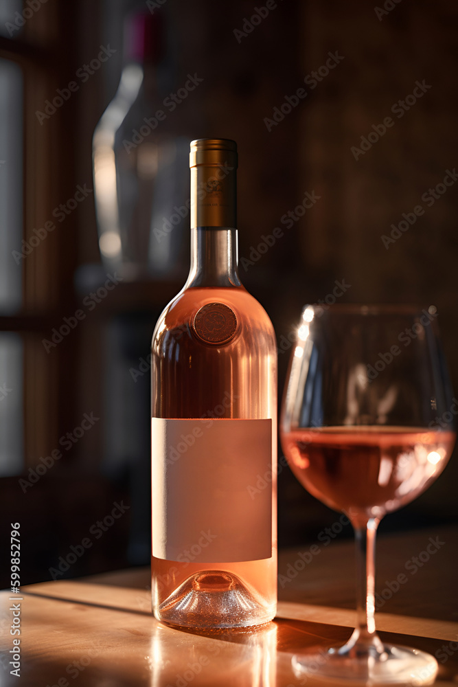 Bottle and glass of white wine on wooden table  backlit by the sun. AI generated