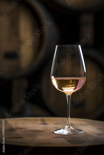 Glass of white wine on background of wooden oak barrels in cellar of winery. AI generated
