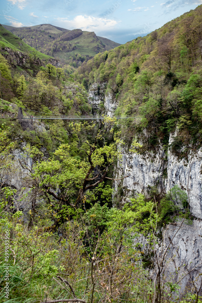 Magnificent landscape of the Pyrenees mountains with the Holzarté footbridge above the gorges