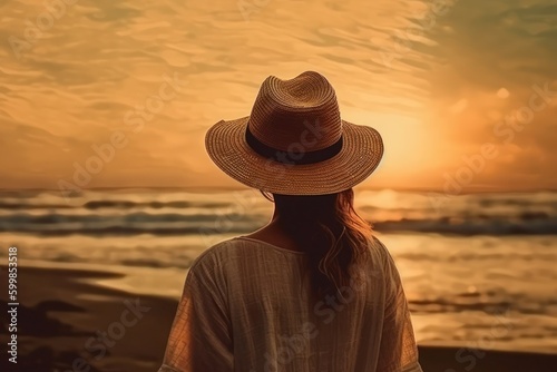 Shillhoute of woman in panama hat on the ocean  generative ai
