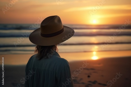Shillhoute of woman in panama hat on the ocean, generative ai