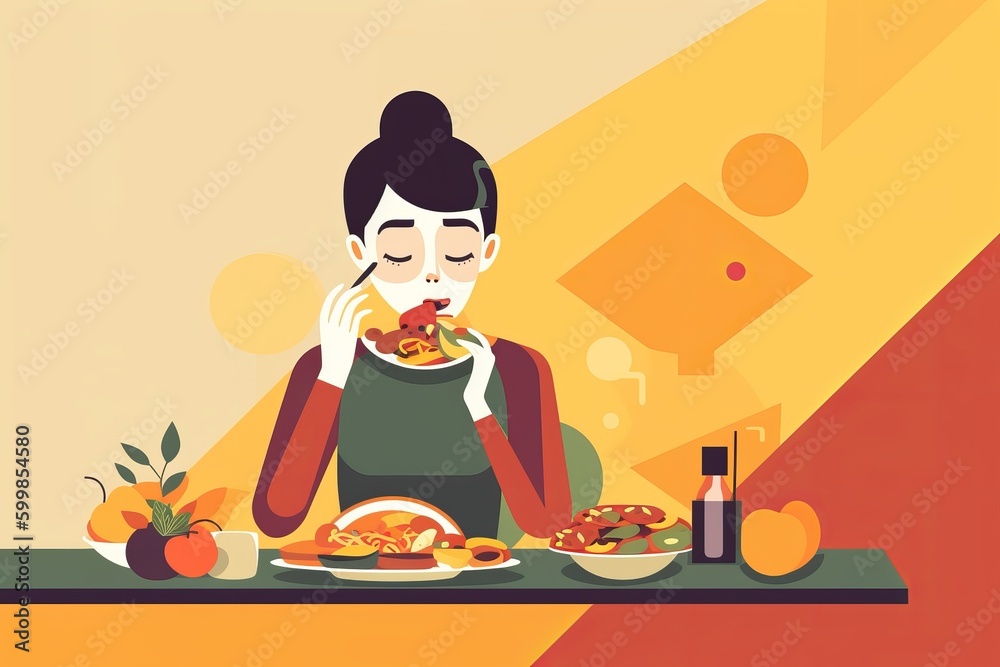 Flat design of cartoon woman eating at table flat from generative ai Flat design of cartoon woman eating at table flat from generative ai