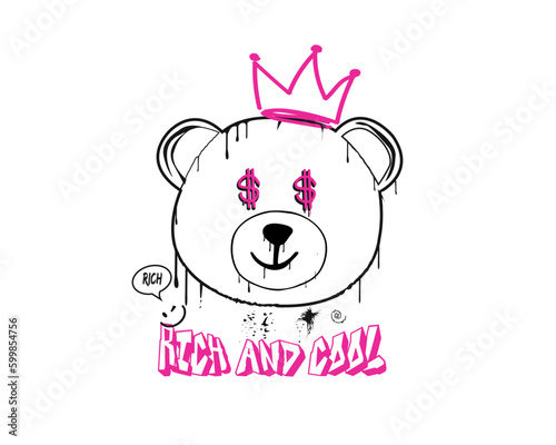 happy grafitti slogan with bear doll spray painted vector illustration rich king millionaire