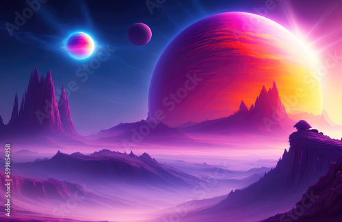 Landscape of an alien planet, beautiful view of a fictional sci-fi background. Generative AI.