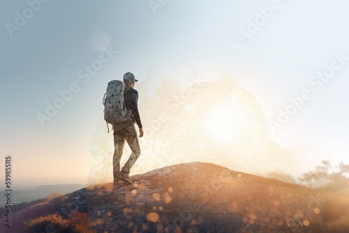 Hiker goes against sky and sun. from generative ai