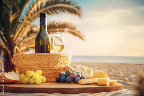 Beautiful summer romantic picnic at sunset on sand beach. Bottle of wine, baguete, cheese, grapes and fresh fruits on pleid on blurred seascape. Generative ai photo