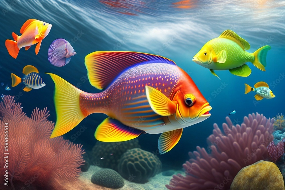 Fototapeta premium Colorful tropical fish swimming in ocean AI generated. 