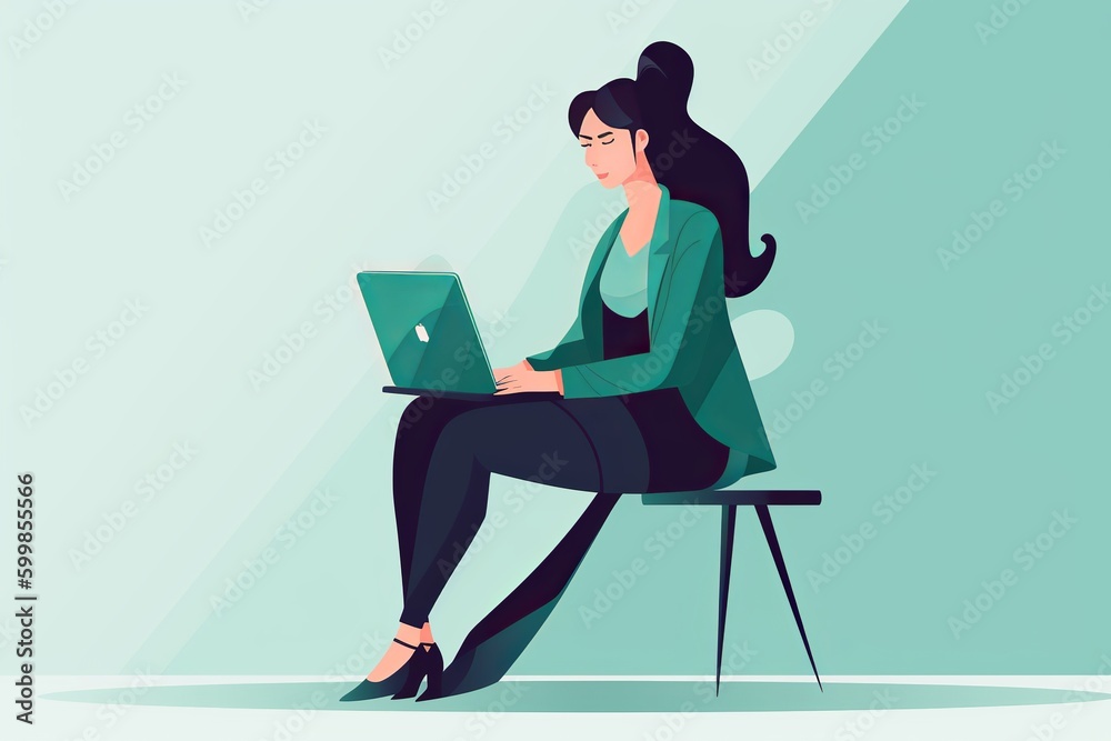 Flat design of young woman cartoon working on laptop from generative ai Flat design of young woman cartoon working on laptop from generative ai