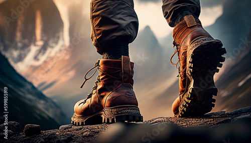 Man hiking up mountain trail close-up of leather hiking boot. Generative AI