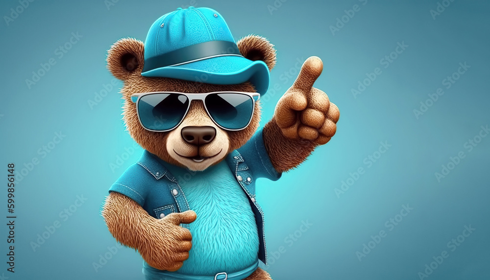 Fototapeta premium plush toy character stylish teddy bear in hat and sunglasses points with finger on blue background. Generative AI illustration