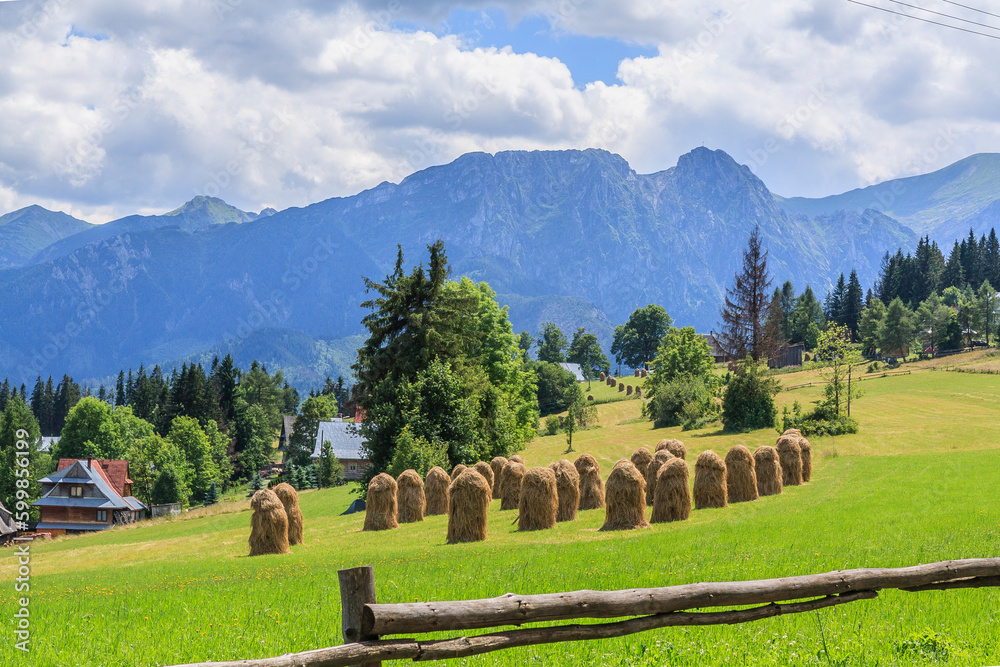 Mount Giewont (Tatry, Poland) seen from Gubałówka on a sunny summer day. In the foreground there is a green pasture with sheaves of hay and a wooden shepherd's fence.