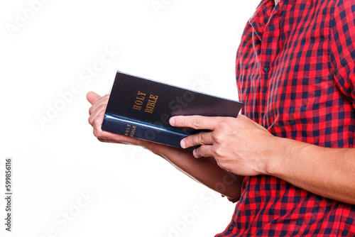 Men holding the holy bible book isolated on white background