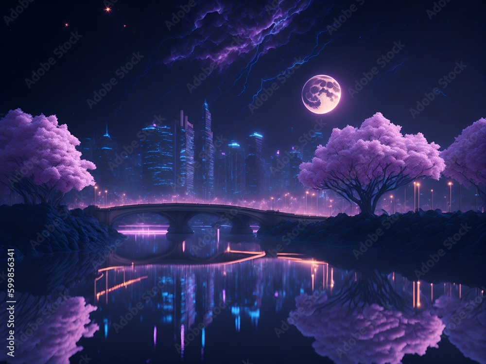 Ciudad bajo una luna purpura - obrazy, fototapety, plakaty 