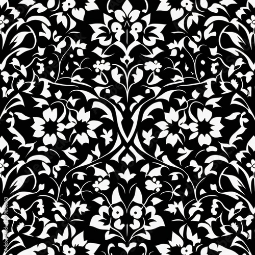 Wallpaper Mural Seamless arabesque style floral pattern, flat color, black and white, high detail, borders, +repeating +flowers +leaves +8bit Torontodigital.ca