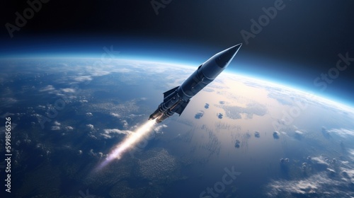 Fotografia A rocket soars from Earth into space, science concept