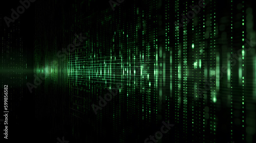 A dark background with a matrix of green binary code