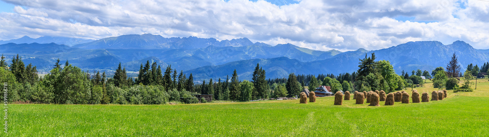Fototapeta premium Panorama of Tatra Mountains (Poland) with Mount Giewont seen from Gubałówka on a sunny summer day. In the foreground a green pasture with sheaves of hay.